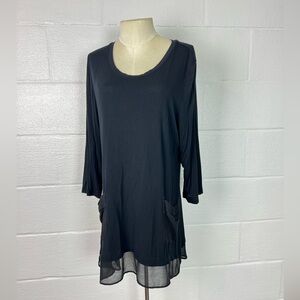 Lori Goldstein LOGO tunic top‎ size L solid black sheer pickets and hem